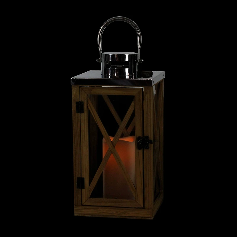 13.5" Rustic Wood Flameless Pillar Candle Lantern