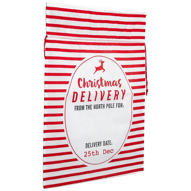 27" Beige & Red Striped Christmas Delivery Tie Gift Bag