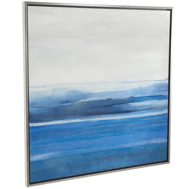 Blue Canvas Abstract Ocean Inspired Landscape Framed Wall Art with Silver Frame 37" x 1" x 37"