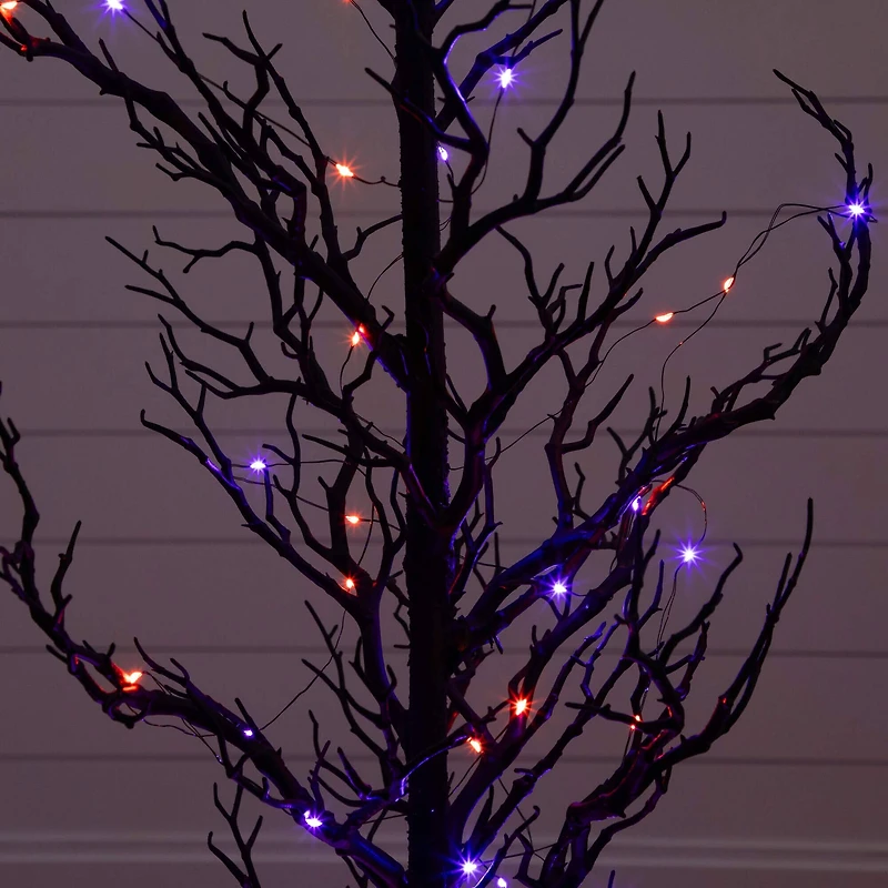 5ft. Pre-Lit Artificial Halloween Black Spooky Twig Tree with 200 Orange & Purple Copper Wire String LED Lights