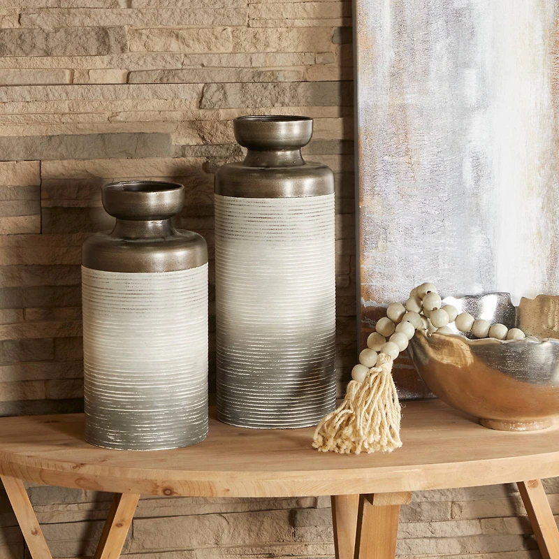 Bronze Metal Vase with Embossed Ribbing Set of 2 16", 13"