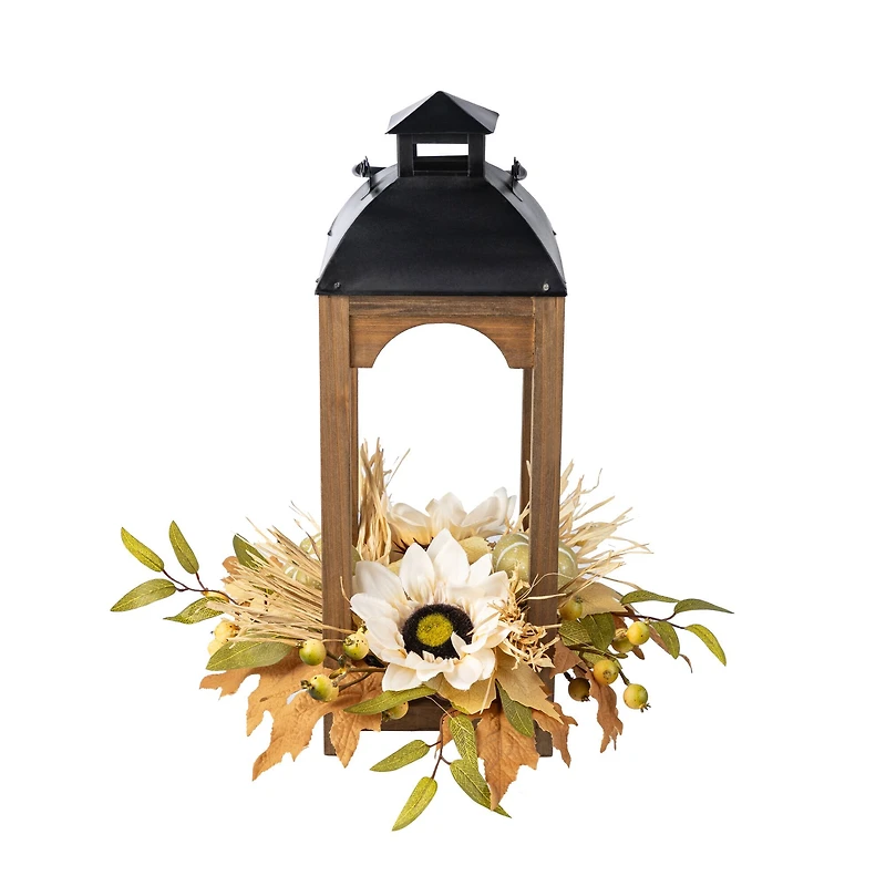 Glitzhome® 20" Fall Neutral Sunflower, Pumpkin and Leaf Wood Lantern Centerpiece