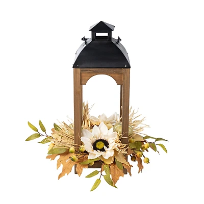 Glitzhome® 20" Fall Neutral Sunflower, Pumpkin and Leaf Wood Lantern Centerpiece