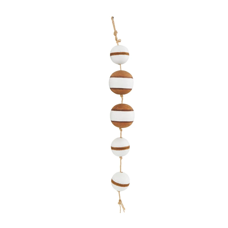 Brown Wood Buoy Two-Toned Striped Hanging Home Wall Décor with White Accents and Jute Rope
