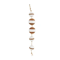 Brown Wood Buoy Two-Toned Striped Hanging Home Wall Décor with White Accents and Jute Rope