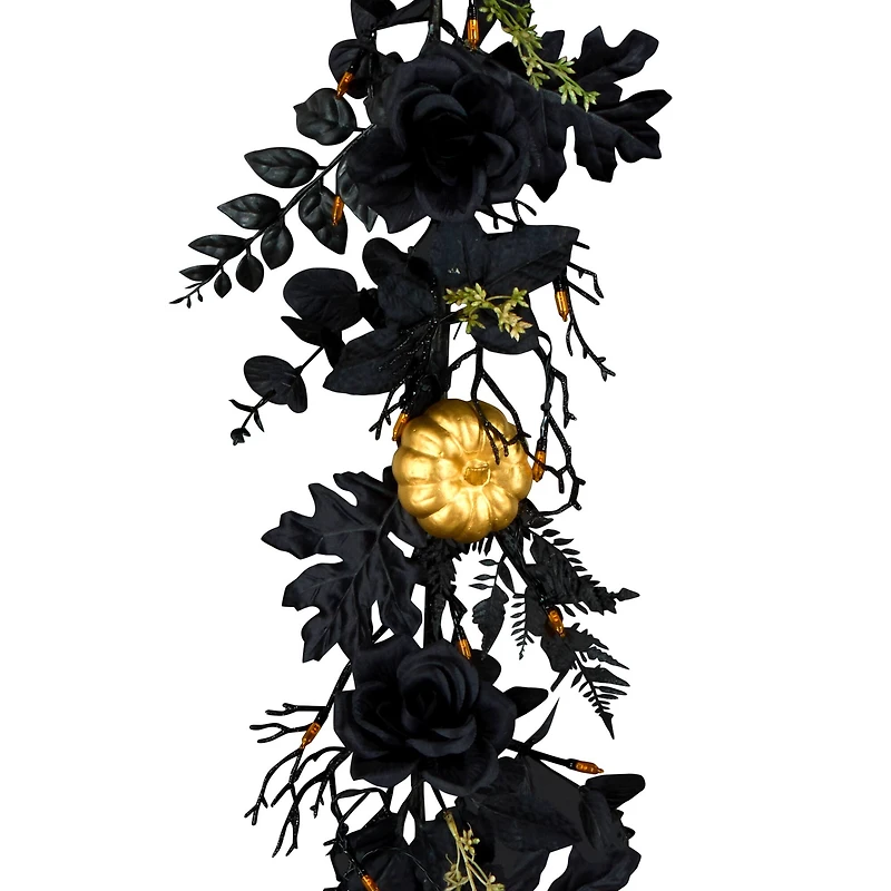 6ft. Chic Eek Black & Gold Halloween Pumpkin & Flower Pre-Lit LED Garland