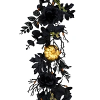 6ft. Chic Eek Black & Gold Halloween Pumpkin & Flower Pre-Lit LED Garland
