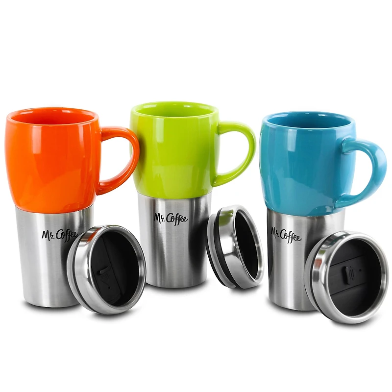 Mr. Coffee Traverse 16oz. Stainless Steel & Ceramic Travel Mug Set