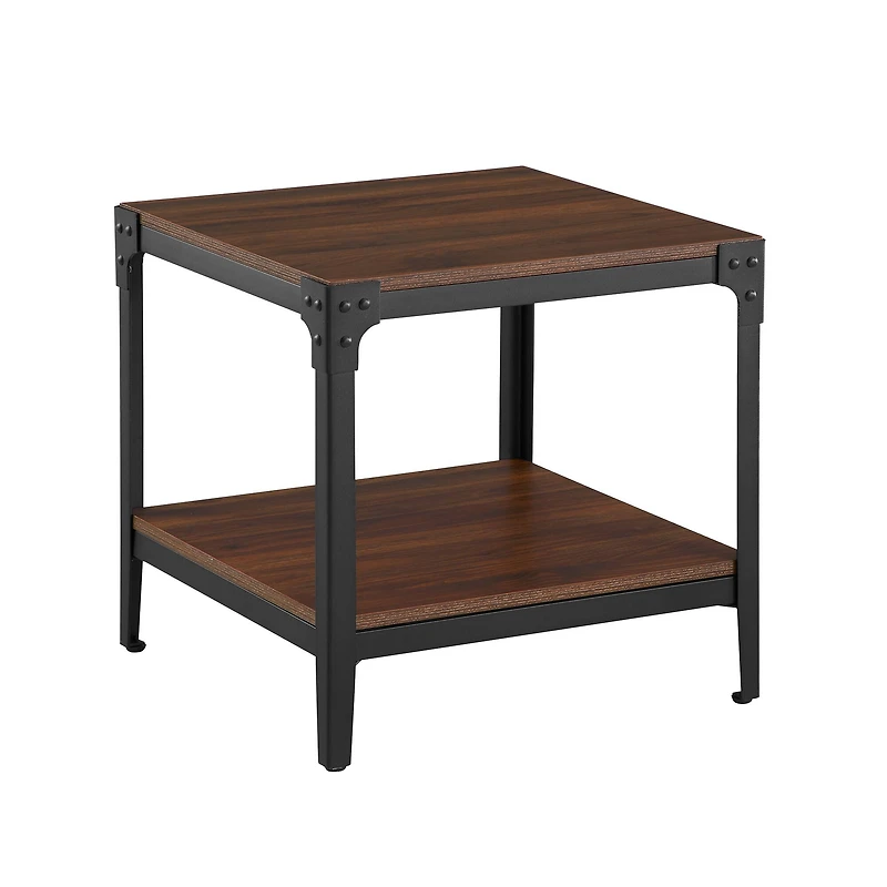 Walker Edison Dark Walnut Angle Iron Rustic Wood Side Table Set