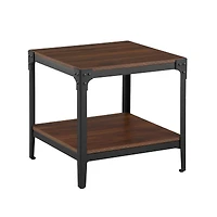 Walker Edison Dark Walnut Angle Iron Rustic Wood Side Table Set