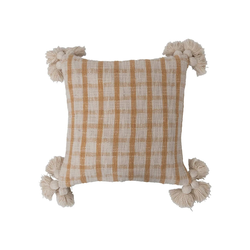 Hello Honey® Mustard & Cream Plaid Woven Cotton Slub Pillow with Tassels