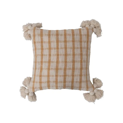 Hello Honey® Mustard & Cream Plaid Woven Cotton Slub Pillow with Tassels