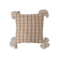Hello Honey® Mustard & Cream Plaid Woven Cotton Slub Pillow with Tassels
