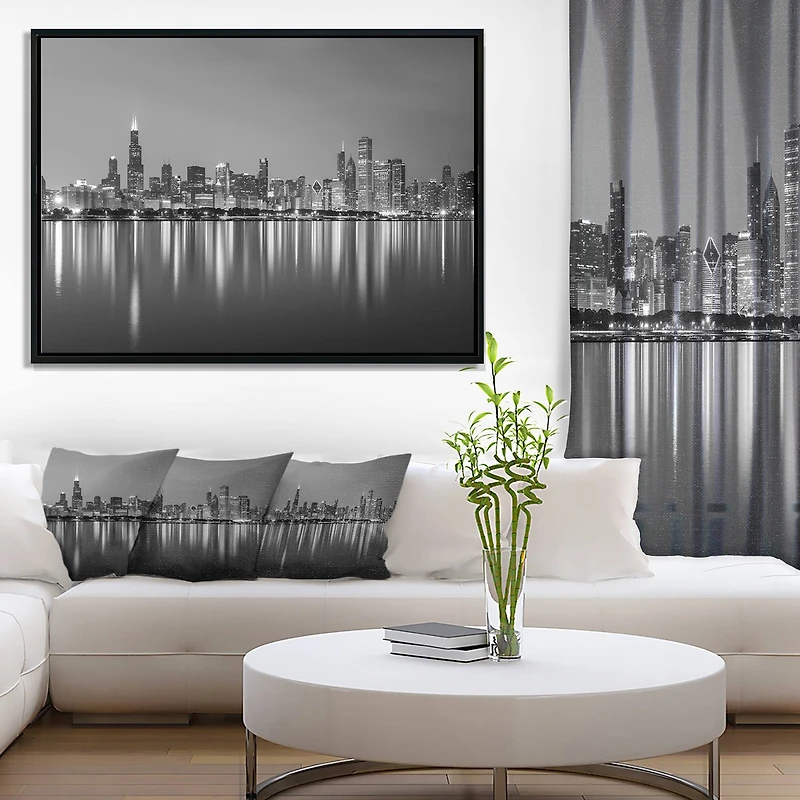 Designart - Chicago Skyline at Night Black and White
