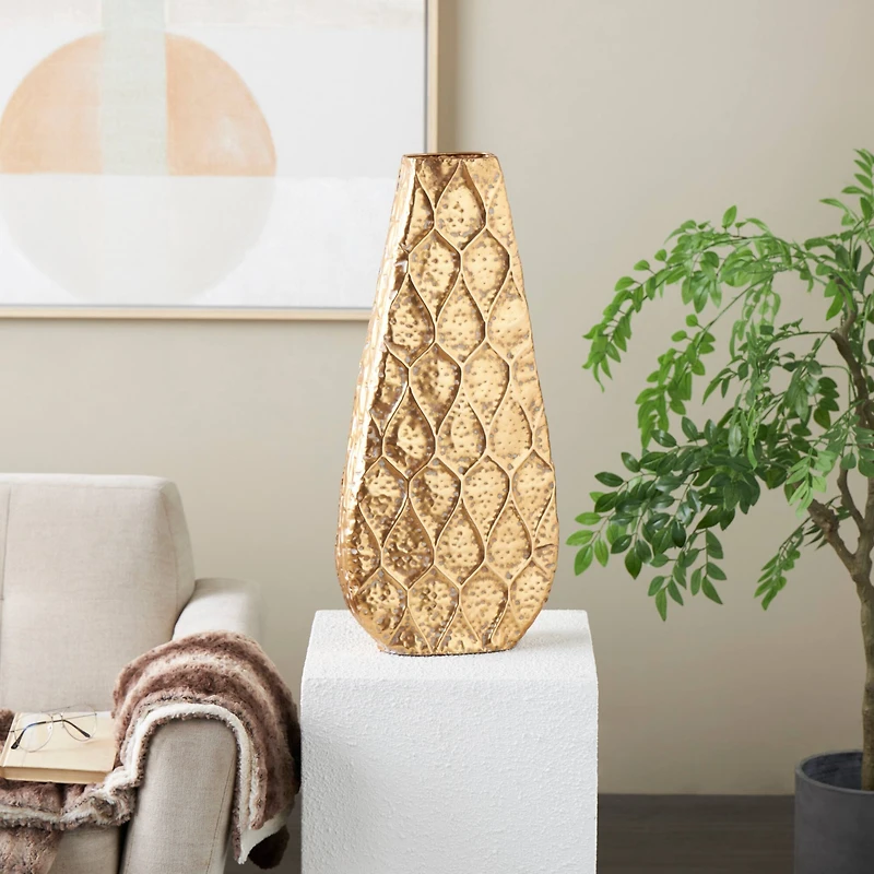 28" Gold Metal Vase with Peacock Inspired Design