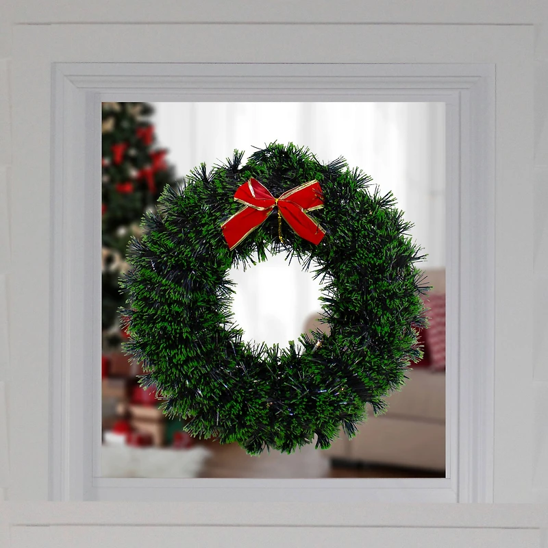 17" Pre-Lit LED Green Tinsel Artificial Wreath With Bow