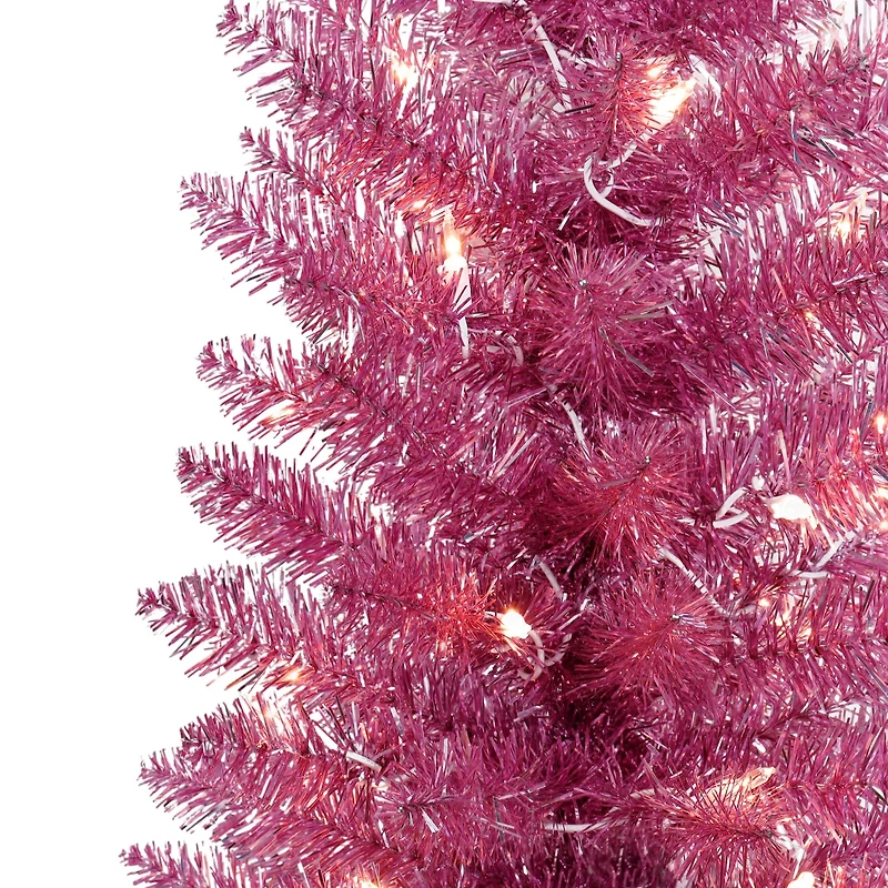 7ft. Pre-Lit Pink Tinsel Artificial Christmas Tree, Clear Lights