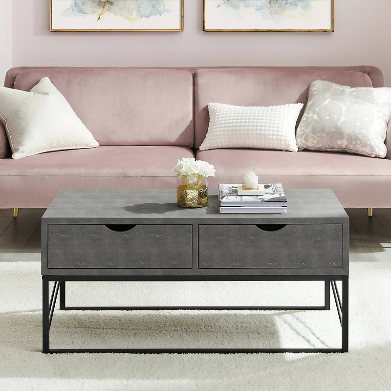Gray 2-Drawer Faux Shagreen Coffee Table