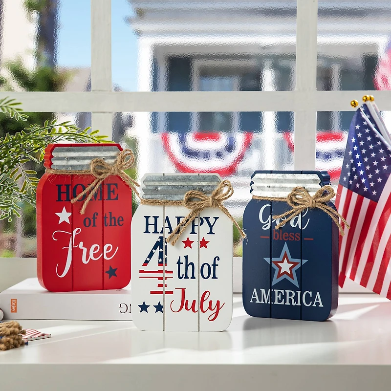 Glitzhome® 7" Patriotic Americana Mason Jar Tabletop Jar Décor Set