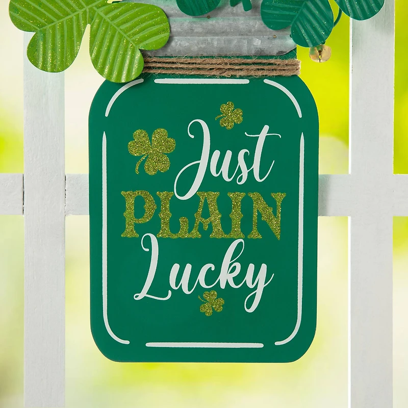 Glitzhome® 16" St. Patrick's Wooden Mason Jar with Shamrock Door Hanger