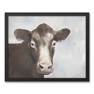 Painterly Brown Cow 16" x 20" Black Framed Canvas