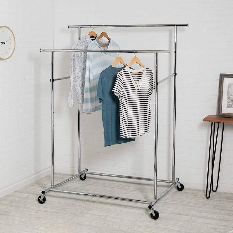 Honey Can Do Chrome Dual Bar Adjustable Rolling Garment Rack