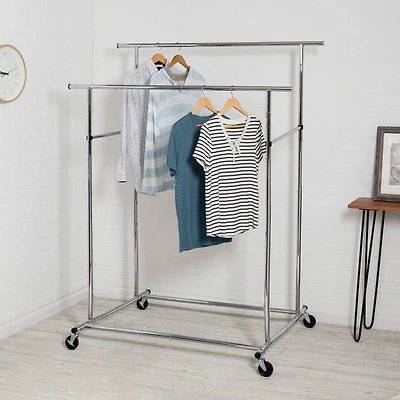 Honey Can Do Chrome Dual Bar Adjustable Rolling Garment Rack