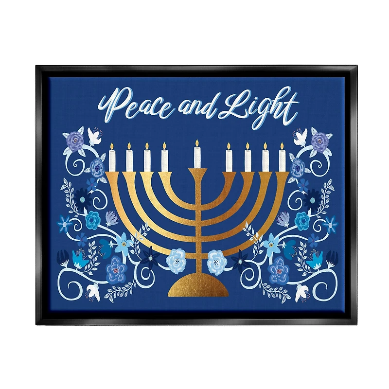 Stupell Industries Peace & Light Floral Hanukkah Menorah Framed Floater Canvas Wall Art