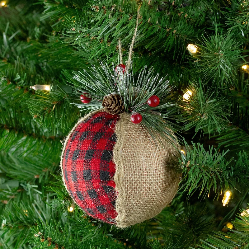 5.5" Red & Black Plaid with Burlap Christmas Ornament
