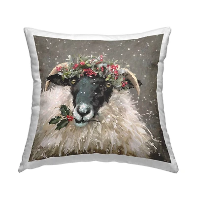 Stupell Industries Snowy Holiday Sheep Holly Throw Pillow