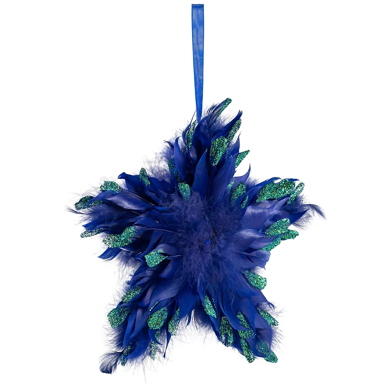 Plush Glittery Peacock Feather Star Shaped Christmas Ornament - 9" - Blue