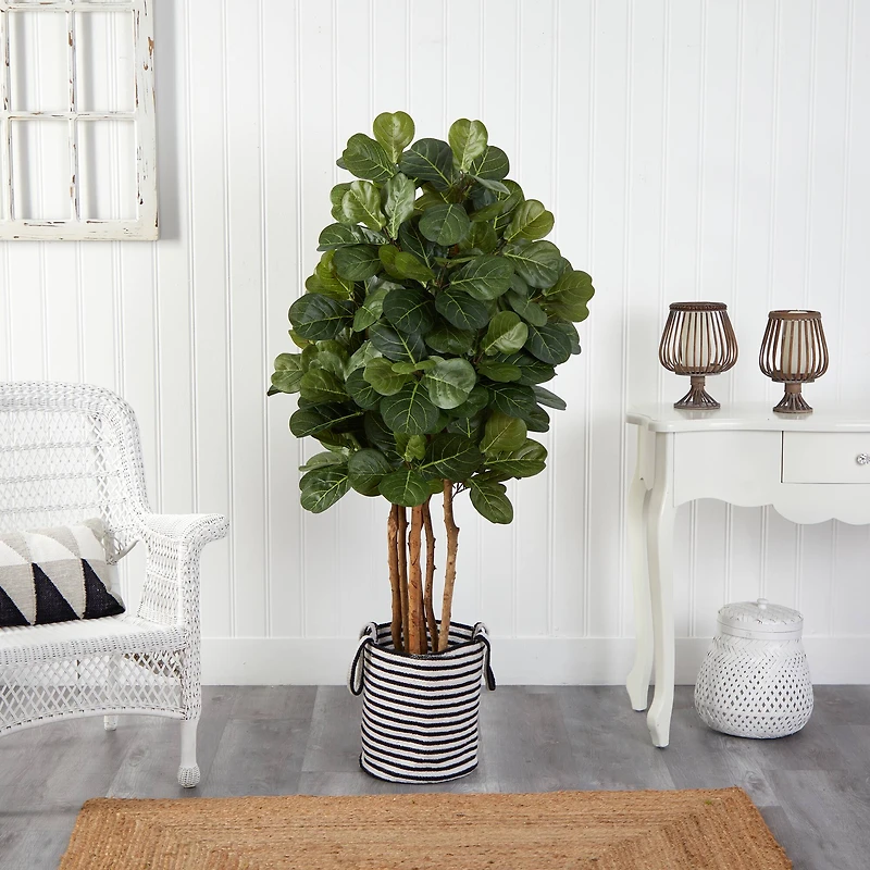 5ft. Fiddle Leaf Fig Artificial Tree in Handmade Black and White Natural Jute and Cotton Planter