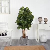 5ft. Fiddle Leaf Fig Artificial Tree in Handmade Black and White Natural Jute and Cotton Planter