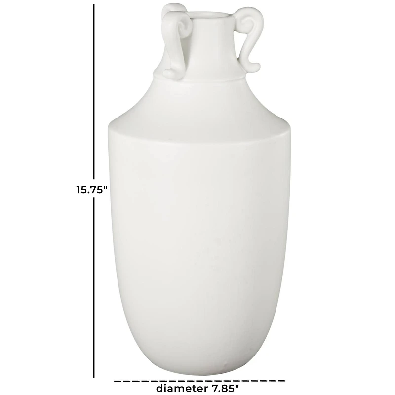 15.75" White Ceramic Sleek Amphora Vase with Scroll Handles