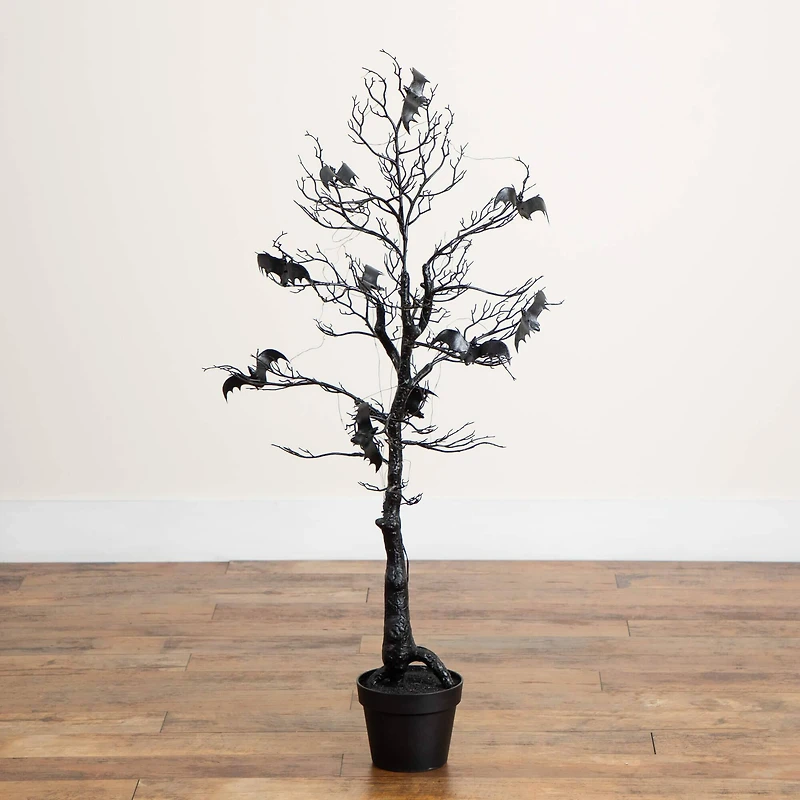4ft. Pre-Lit Artificial Halloween Black Spooky Twig Tree with Bats and 120 Orange & Purple LED Lights