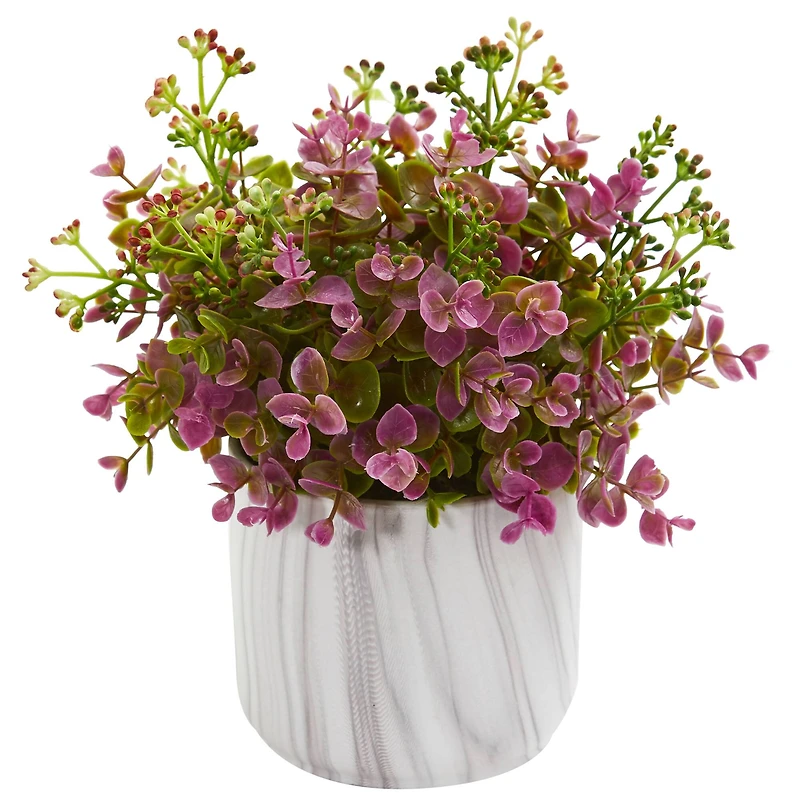 9" Purple Eucalyptus Plant In Marble Finished Vase