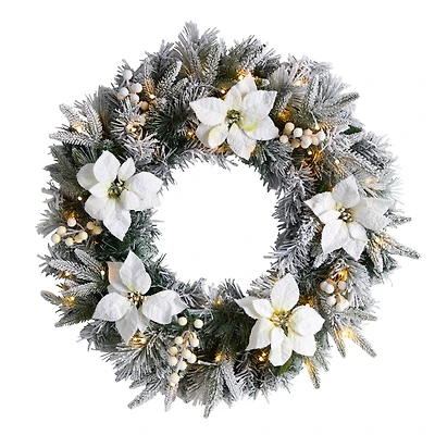 24" White LED Lights Flocked Poinsettia & Pine Artificial Christmas Wreath