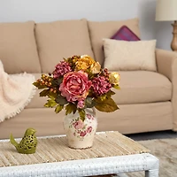 16'' Pink & Yellow Peony Arrangement in Flower Print Jar