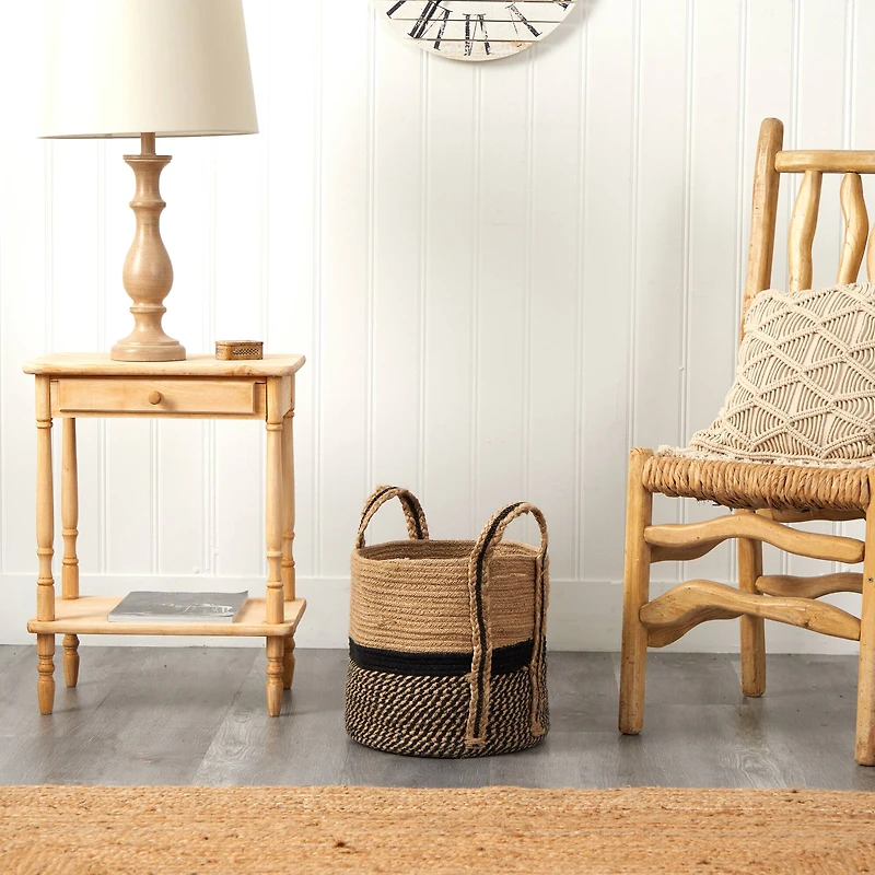 13'' Black Bottom Natural Cotton & Jute Boho Chic Basket Planter