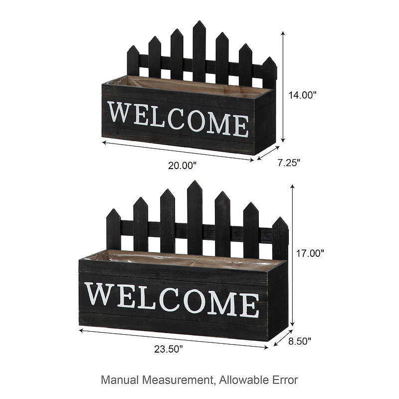 Glitzhome® Black Wood WELCOME Fence-Inspired Planter Stand Set