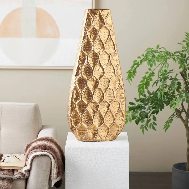 33.5" Gold Metal Textured Concaved Teardrop Vase with Spotted Gray Accents