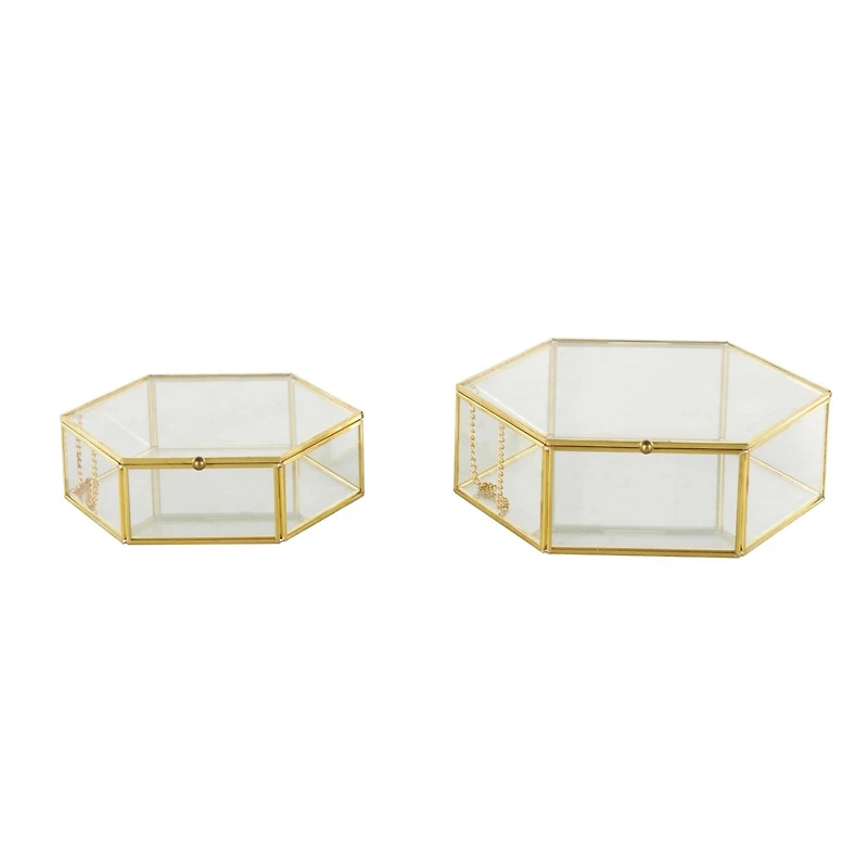 Clear & Gold Glass & Metal Hexagon Jewelry Box with Chain Accent Set