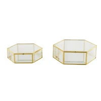 Clear & Gold Glass & Metal Hexagon Jewelry Box with Chain Accent Set