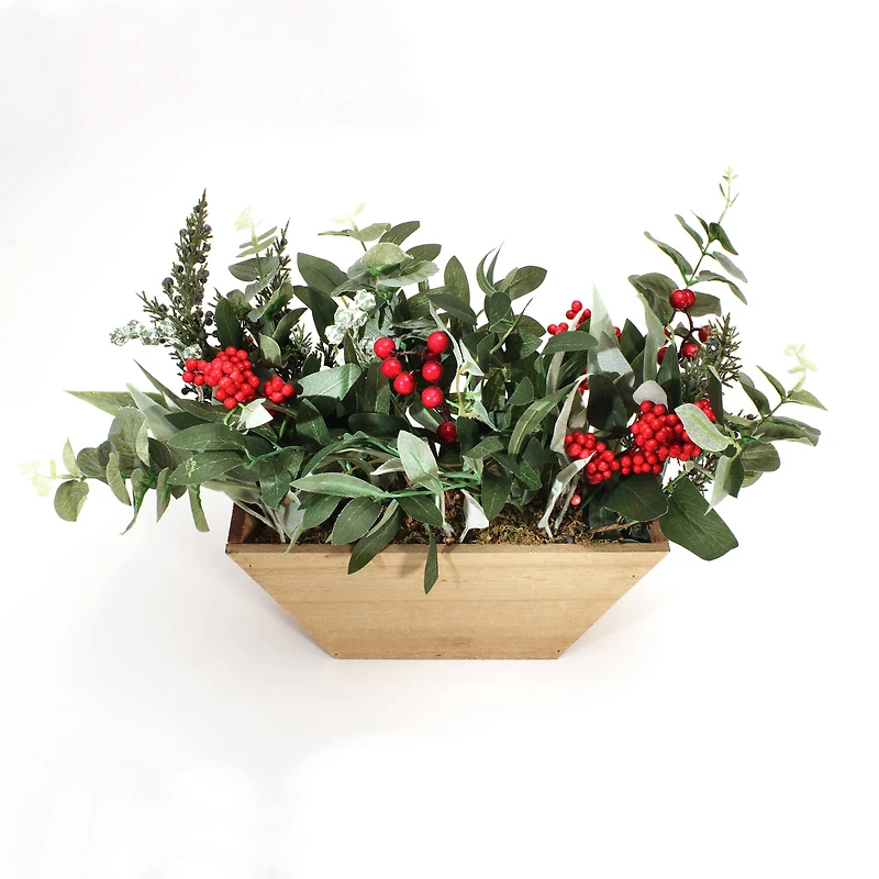 22" Christmas Wooden Pot with Mixed Eucalyptus & Berry