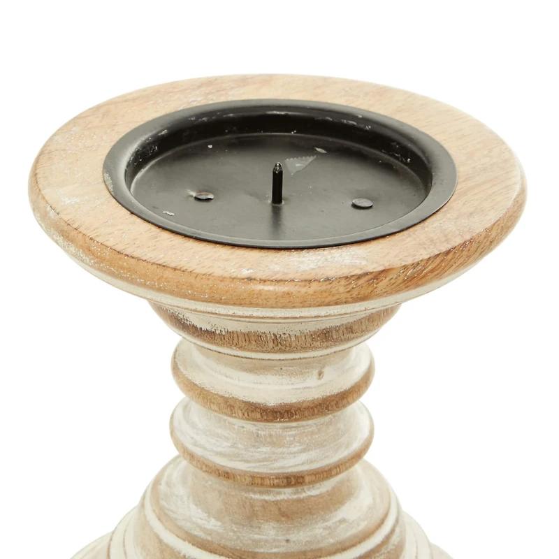 6'' Light Brown Mango Wood Traditional Candle Holder, 2ct.