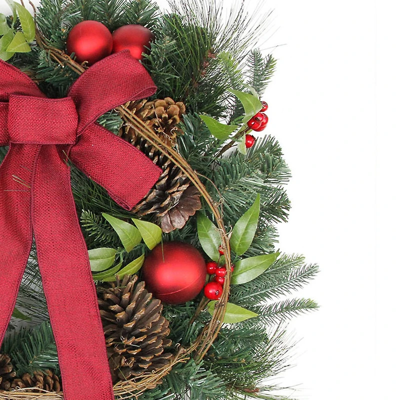 24" Red Ball Ornaments & Pinecones Artificial Pine Wreath