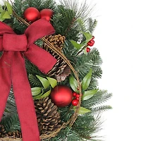 24" Red Ball Ornaments & Pinecones Artificial Pine Wreath