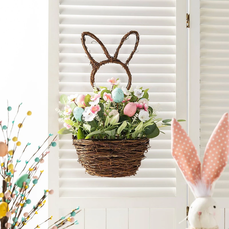 Glitzhome® 18" Easter Egg & Flower Bunny-Shaped Basket Centerpiece