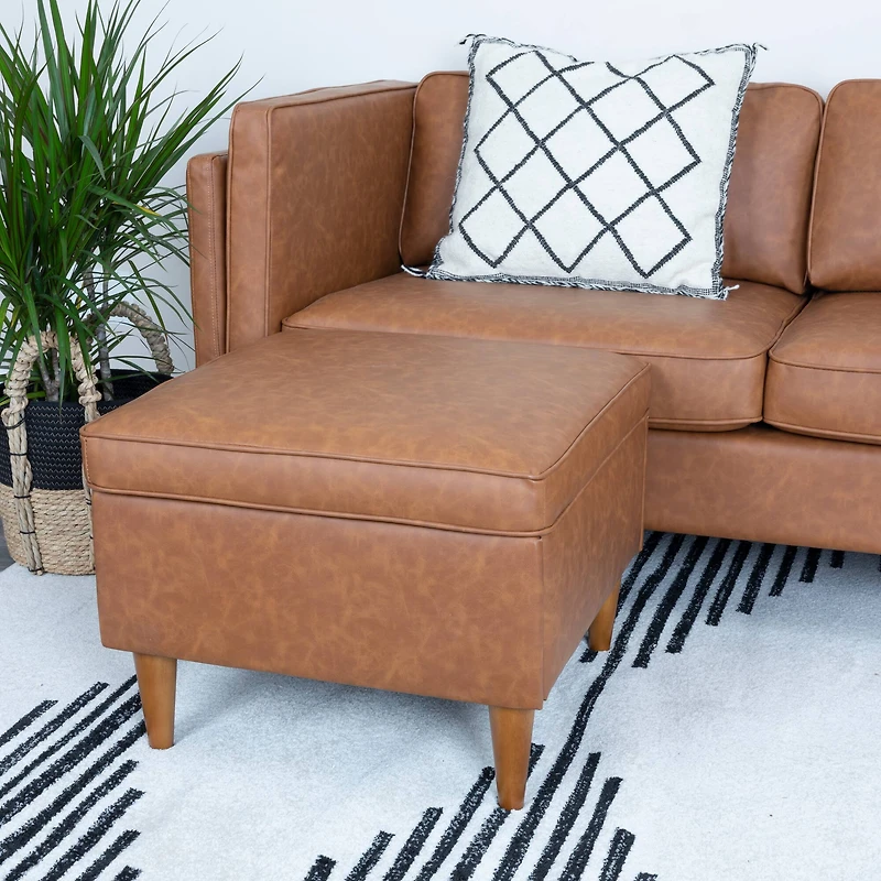 Hello Honey® Cognac Vegan Leather Ottoman with Storage