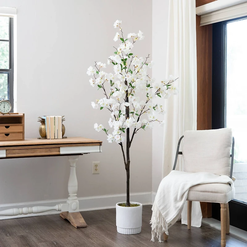 6ft. Artificial Cherry Blossom Tree with White Decorative Planter